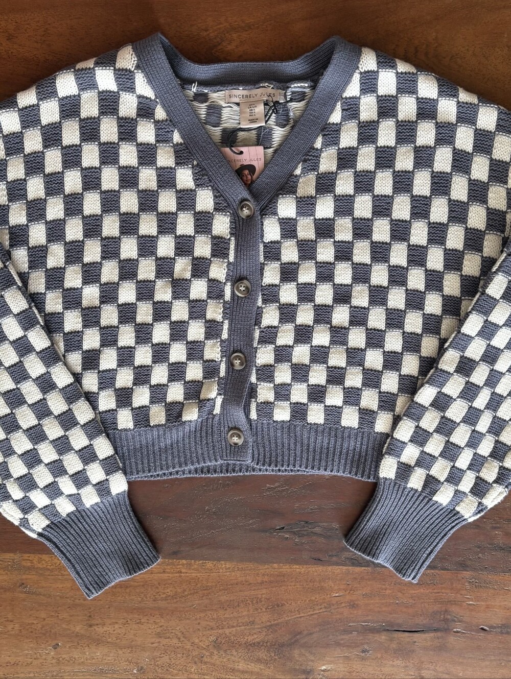 Sincerely Jule NWT Blue Grey And White Checkerbiard Kinit Cardigan L - Picture 2 of 11